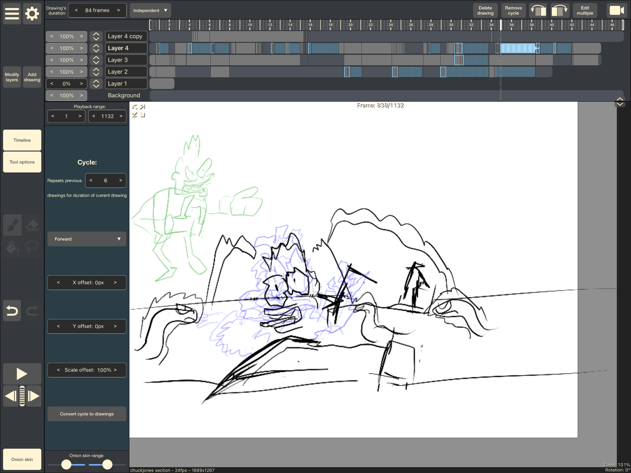 image: Screenshot showing 2D animation work in RoughAnimator with onion skin.